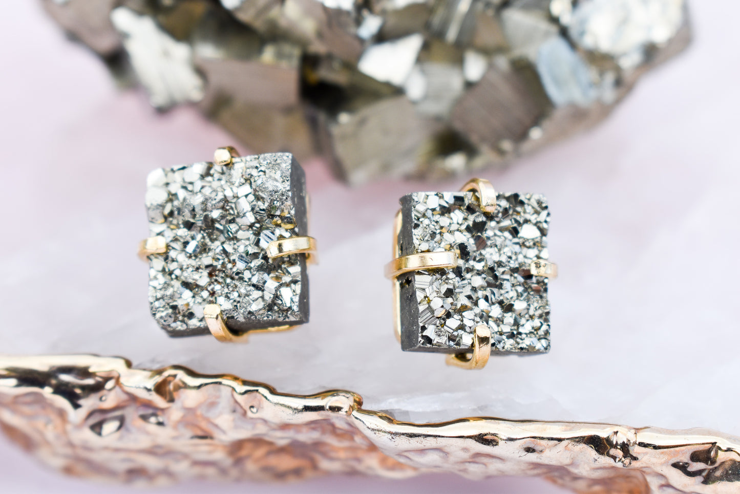 Pyrite Square Gold Earrings