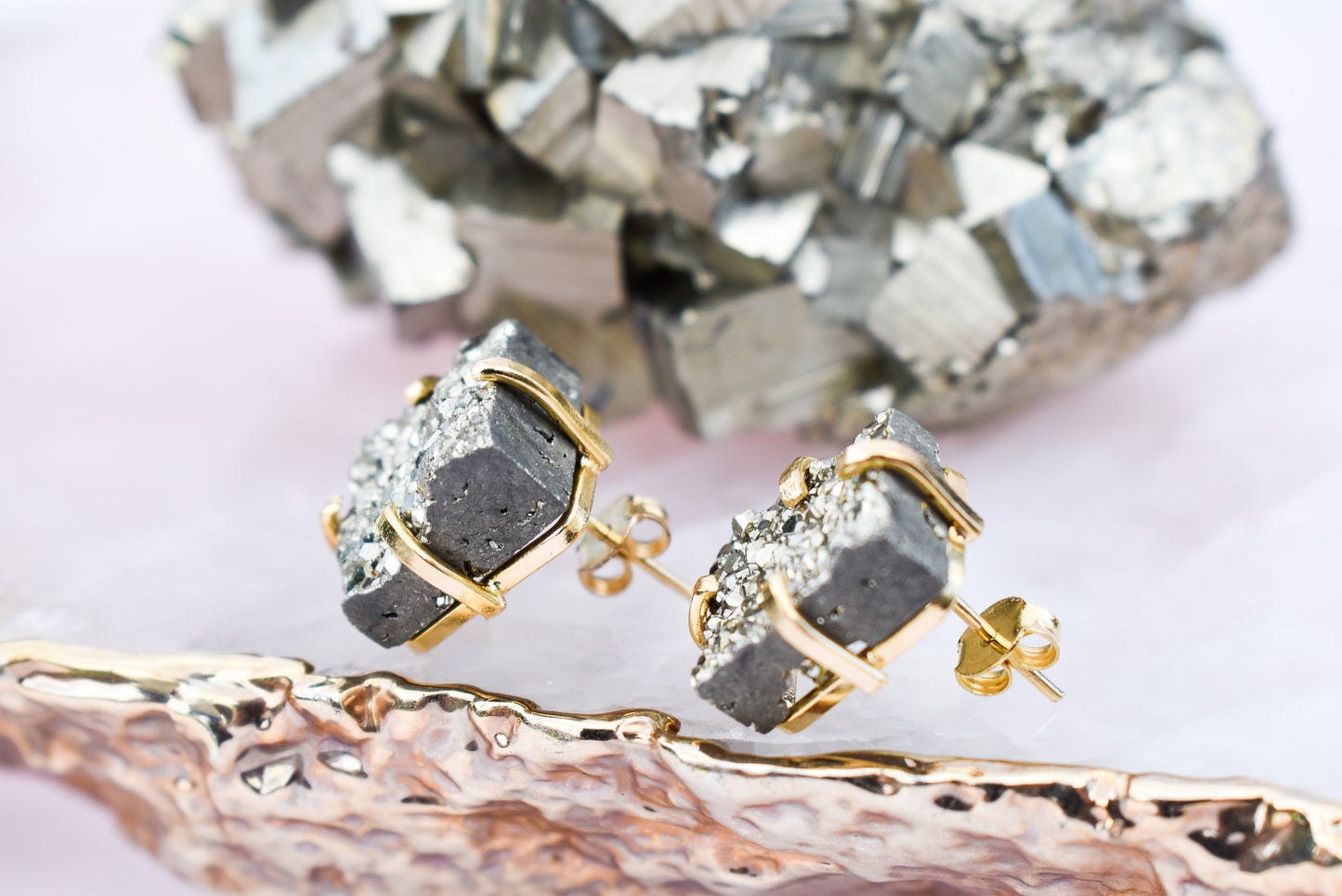 Pyrite Square Gold Earrings