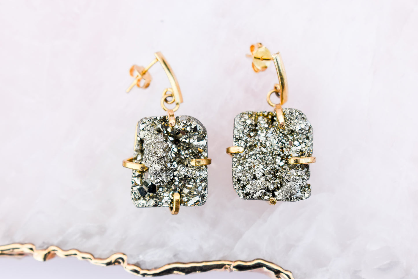 Pyrite Square Dangle Gold Earrings