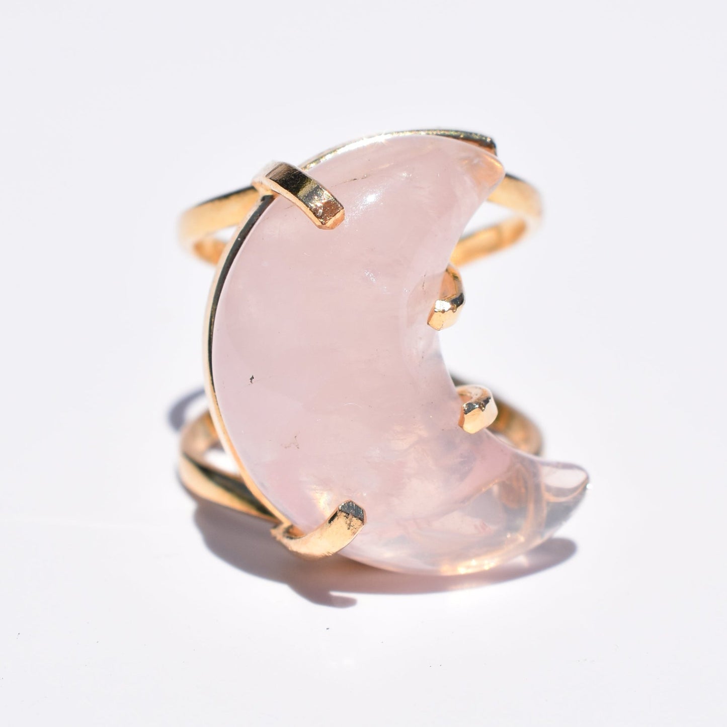 Rose Quartz Moon Double-Band Gold Ring