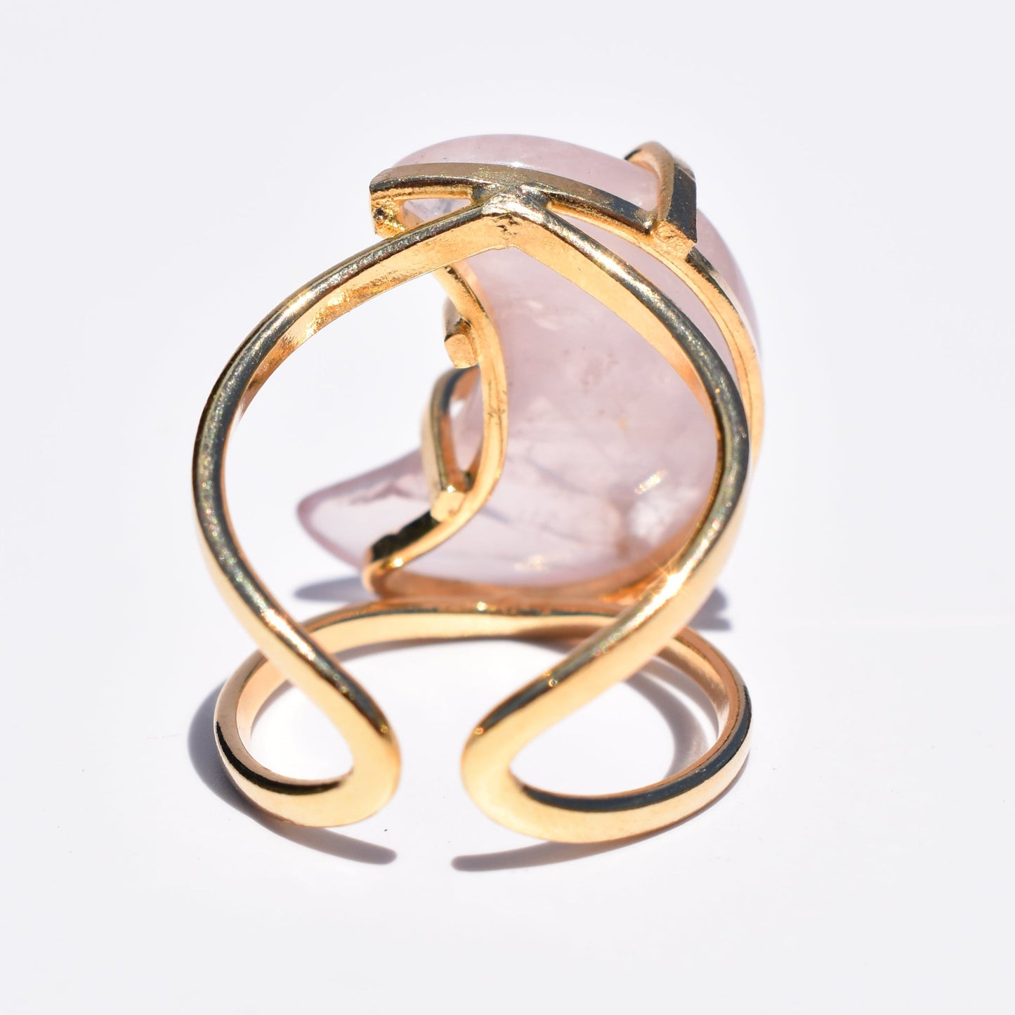 Rose Quartz Moon Double-Band Gold Ring