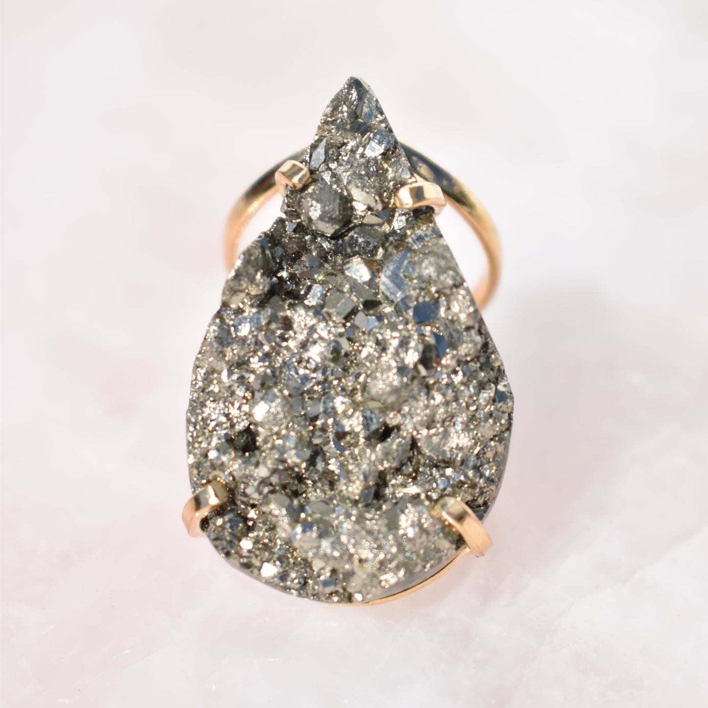 Pyrite Teardrop Double-Band Gold Ring