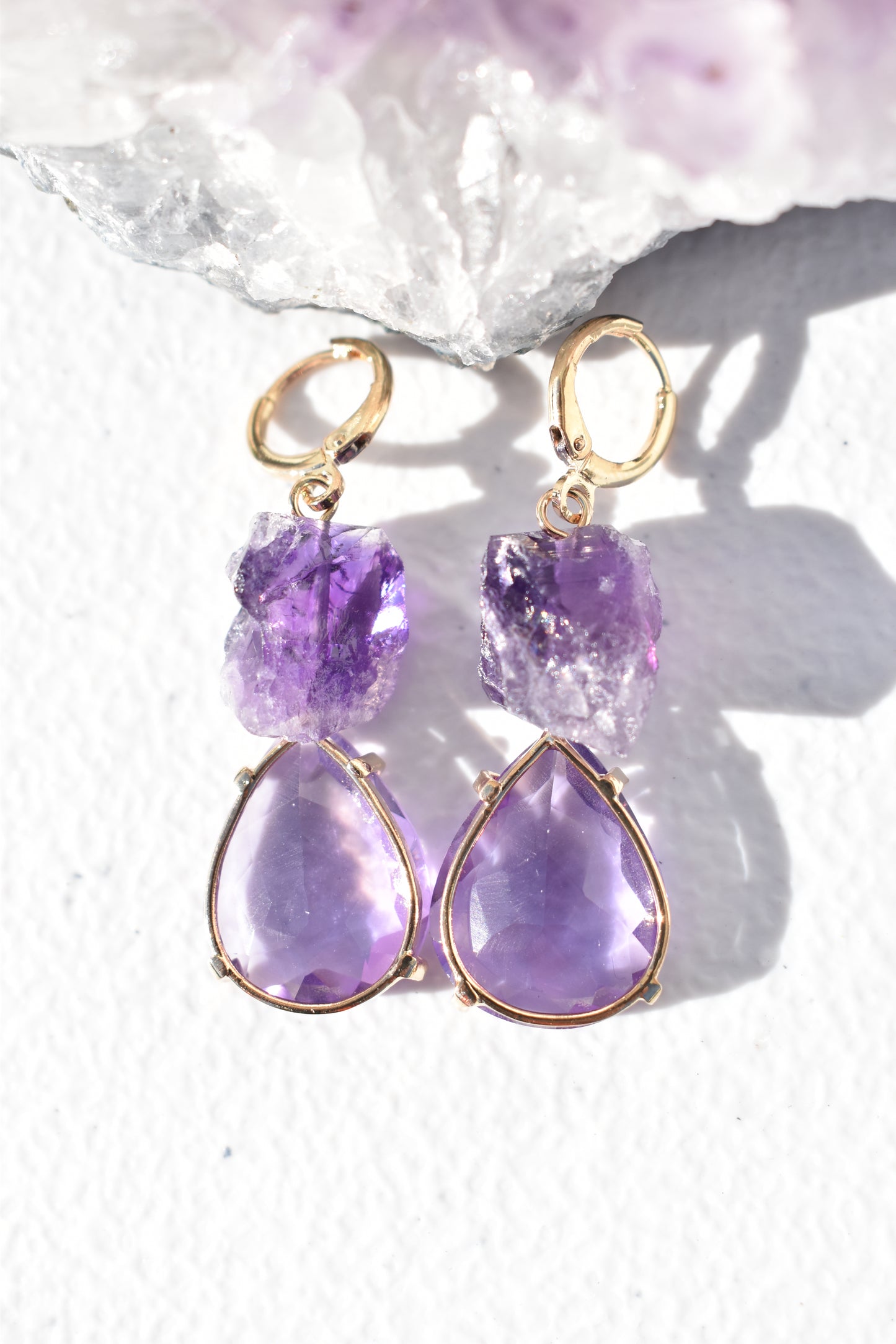 Amethyst Duo Dangle Gold Earrings