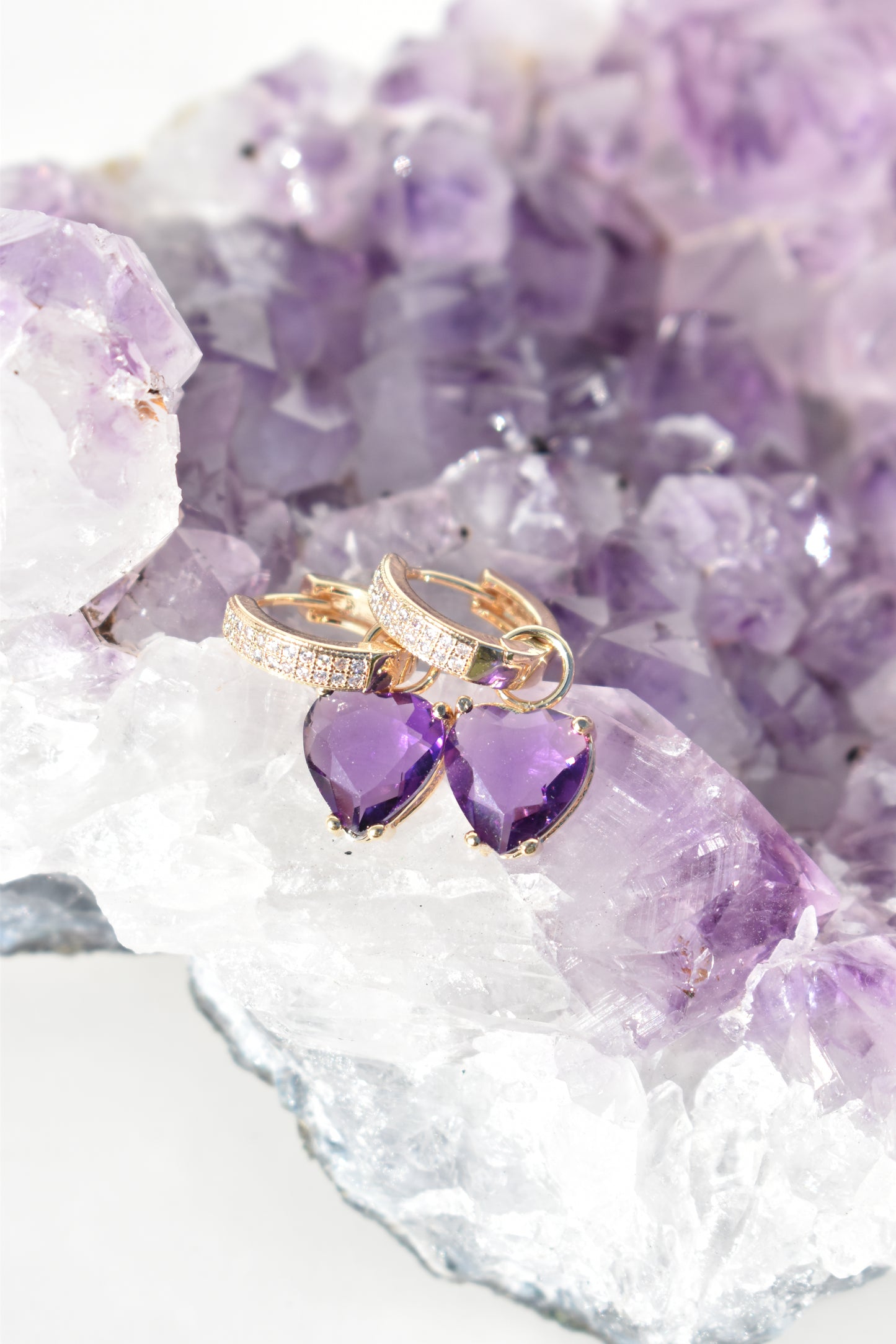 Amethyst Heart Sparkle Gold Earrings
