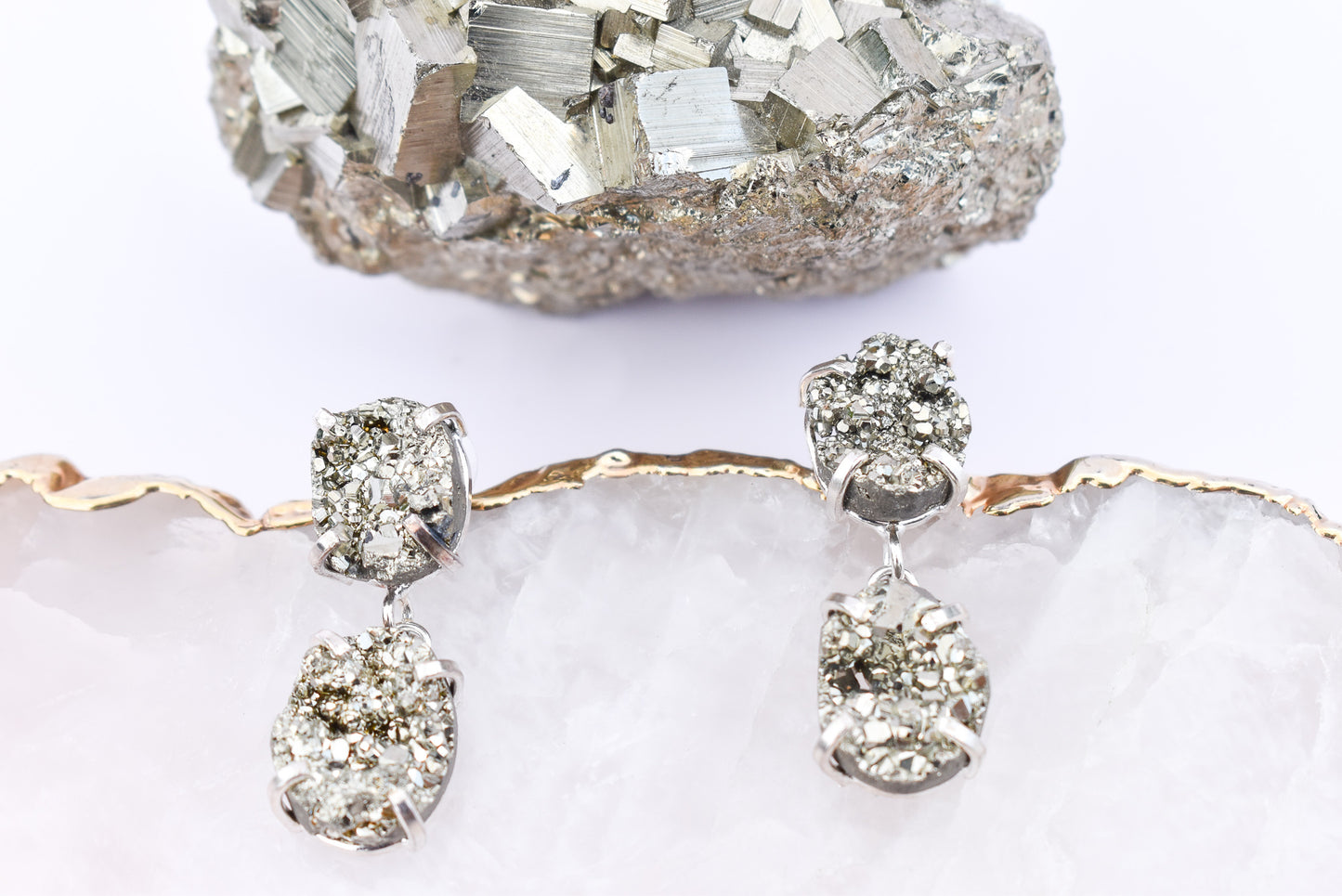 Pyrite Round Duo Dangle Silver Earrings