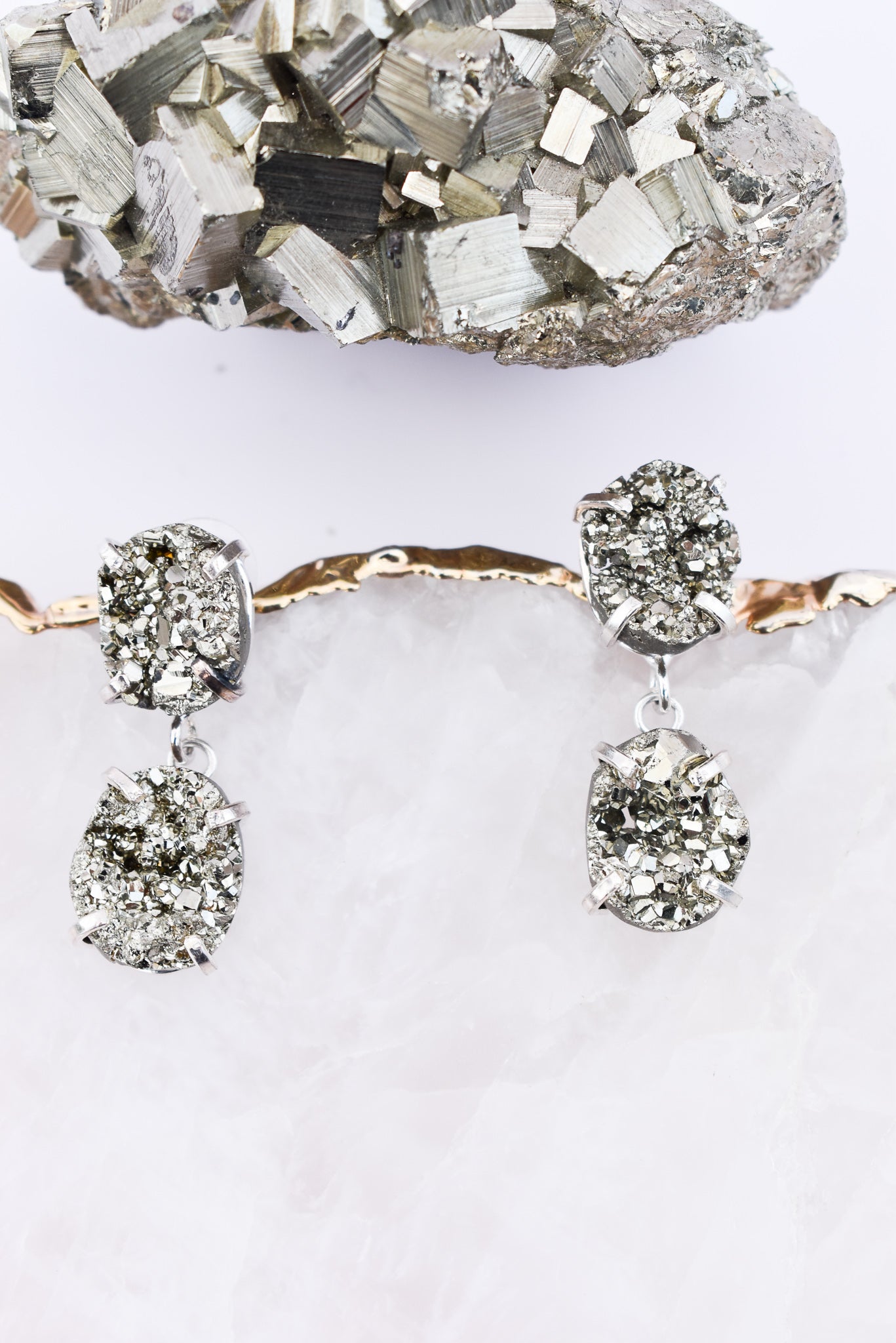 Pyrite Round Duo Dangle Silver Earrings