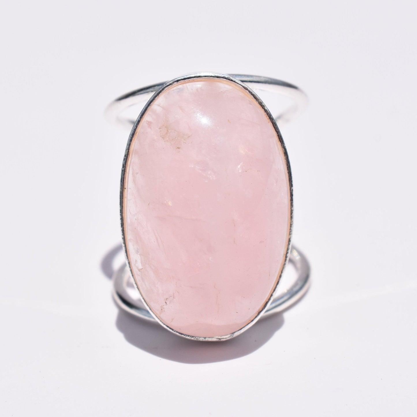 Rose Quartz Oval Double-Band Silver Ring