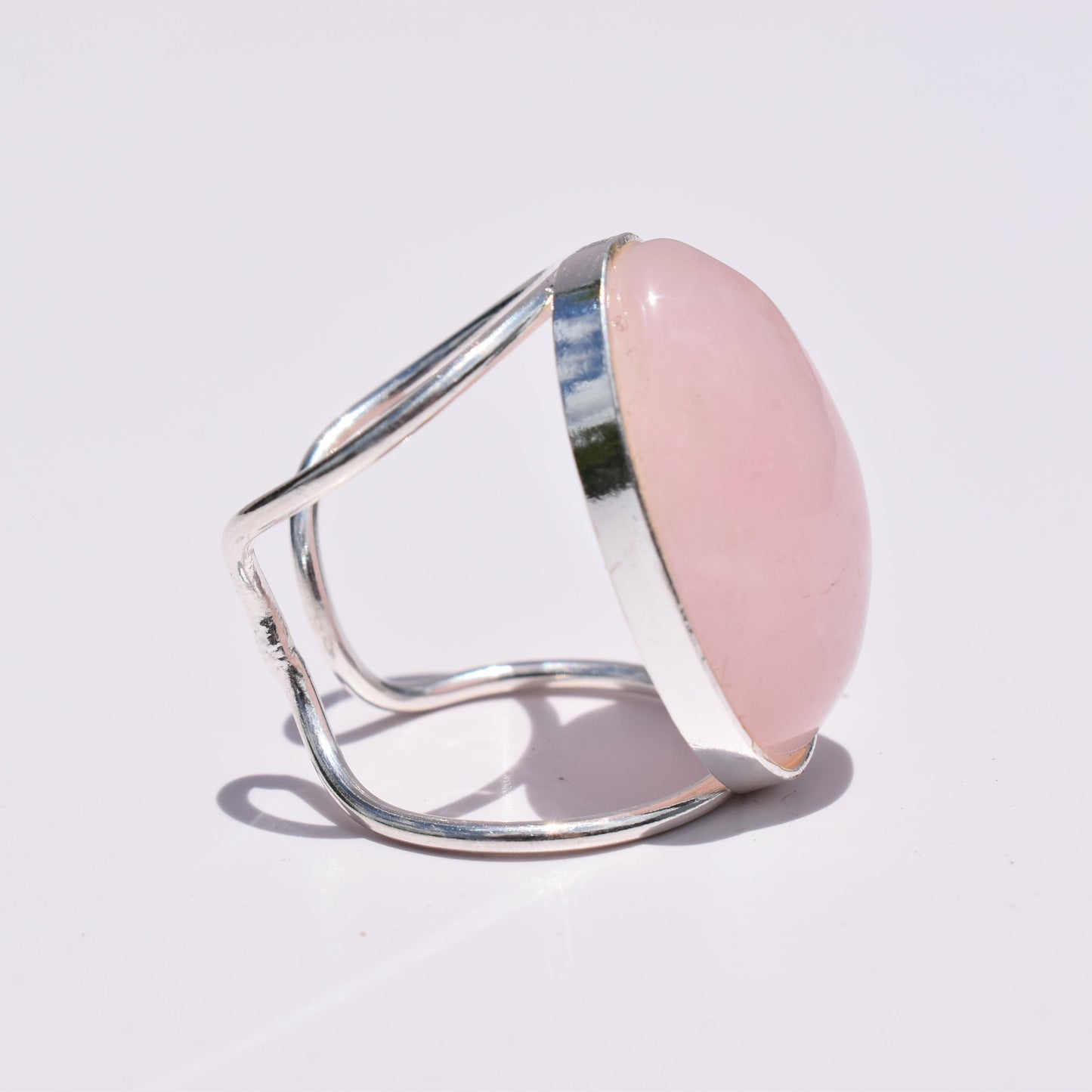Rose Quartz Oval Double-Band Silver Ring