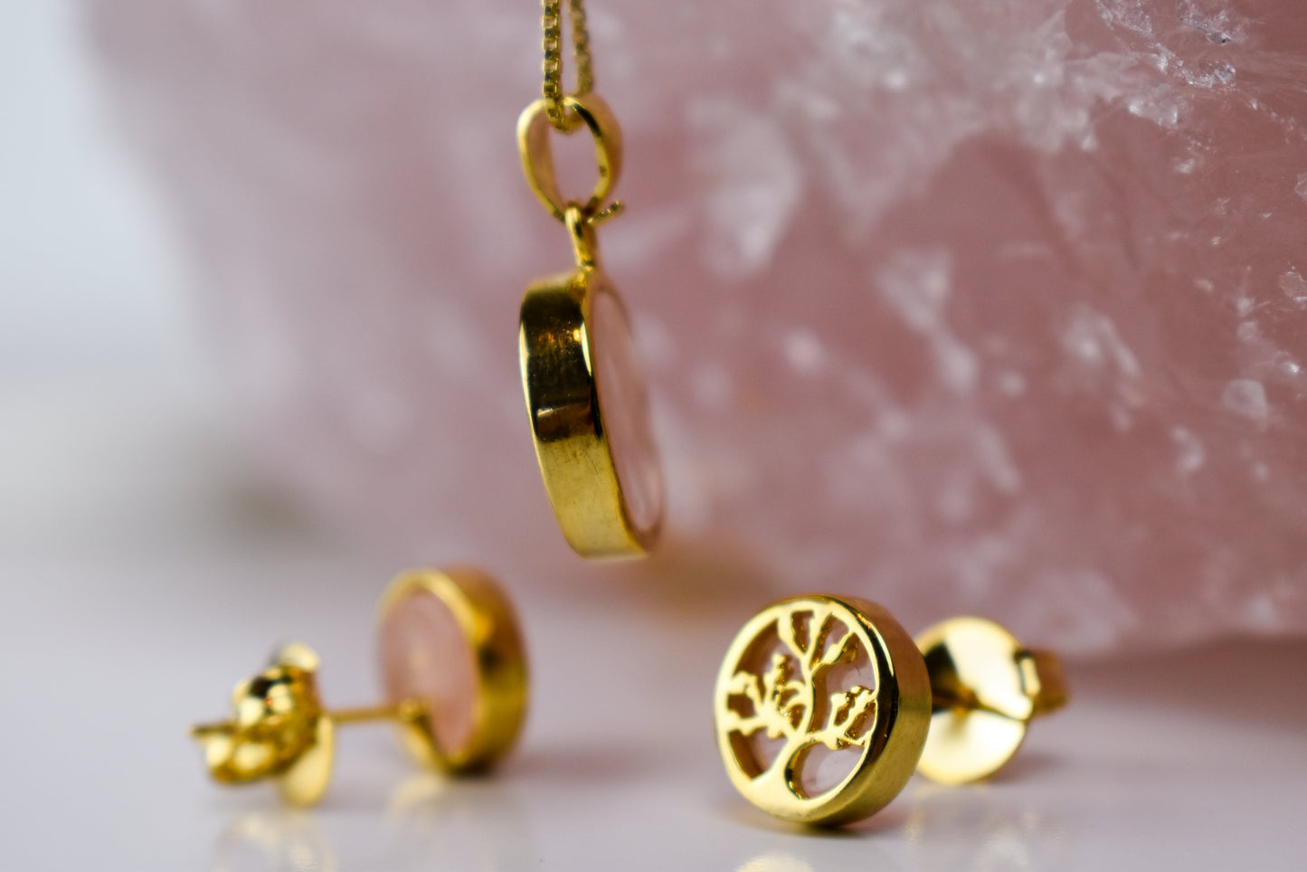 Rose Quartz Tree Of Life Gold Set