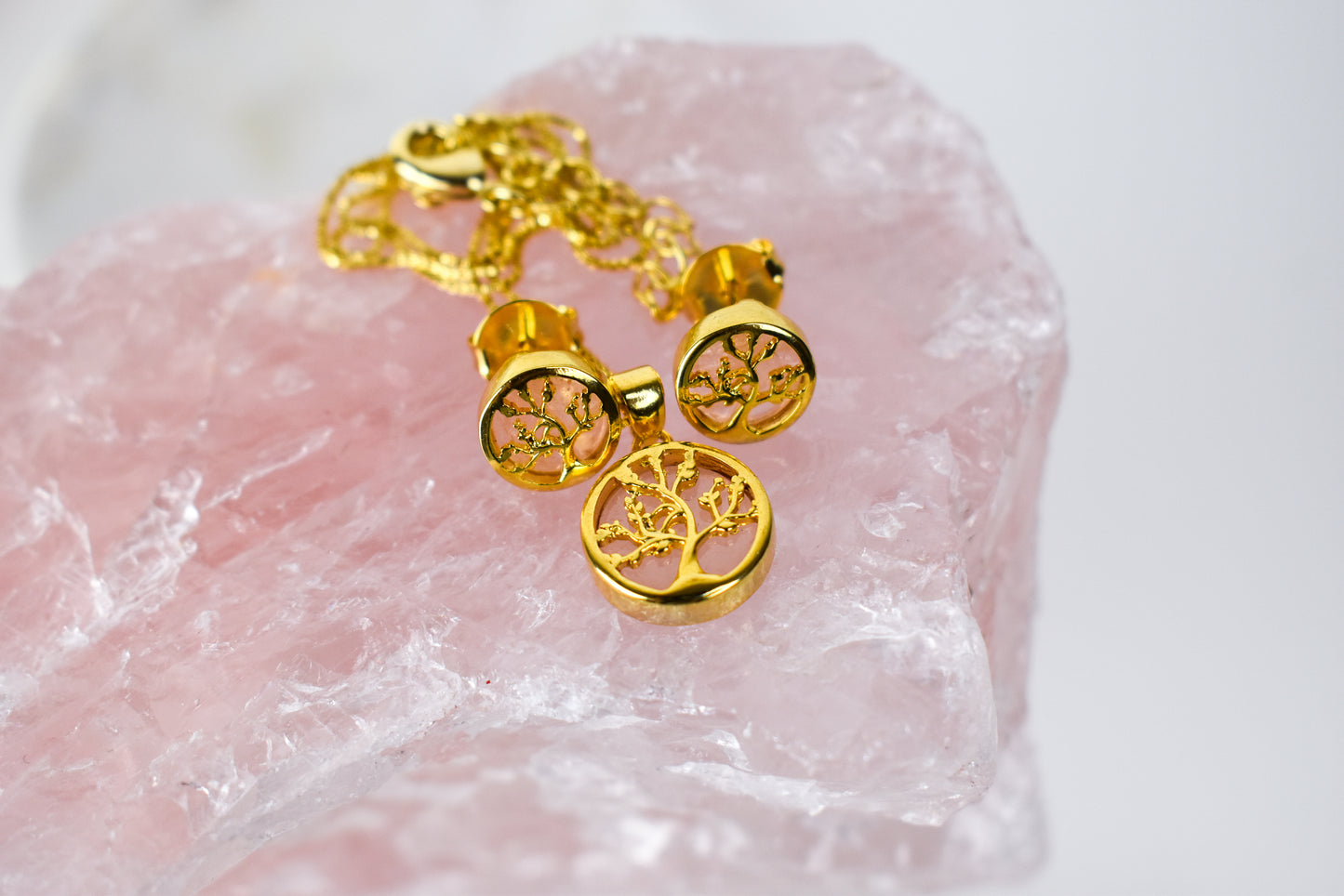Rose Quartz Tree Of Life Gold Set