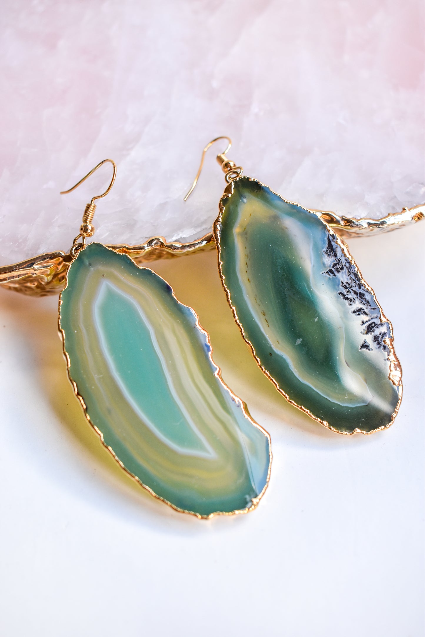 Green Agate Fish Hook Earrings Gold Plated