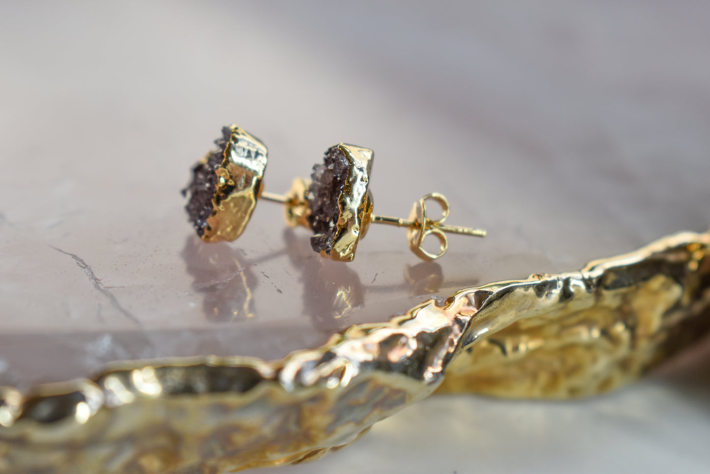 Amethyst Heart Gold Earrings