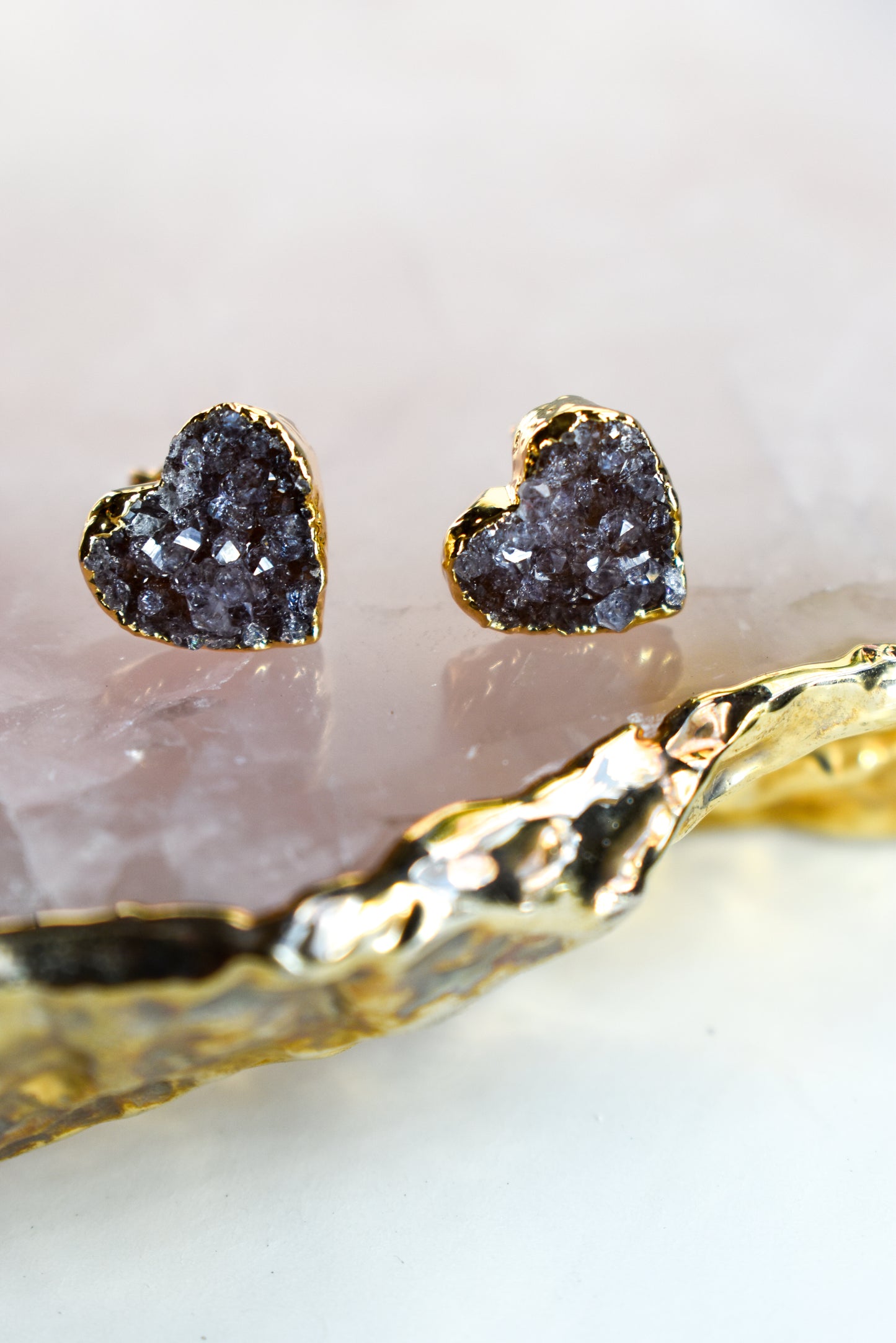 Amethyst Heart Gold Earrings