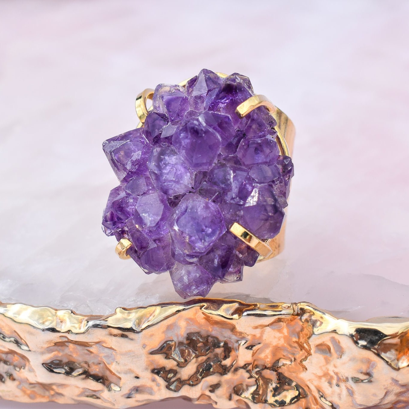 Amethyst Druzy Cuff Gold Ring