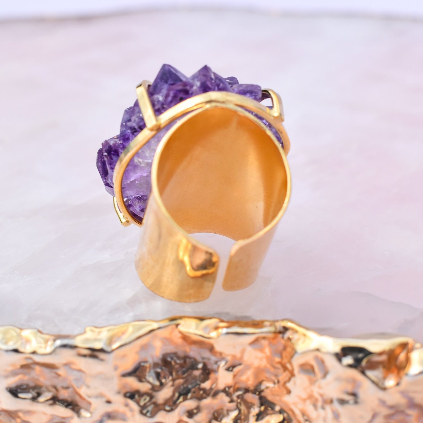 Amethyst Druzy Cuff Gold Ring