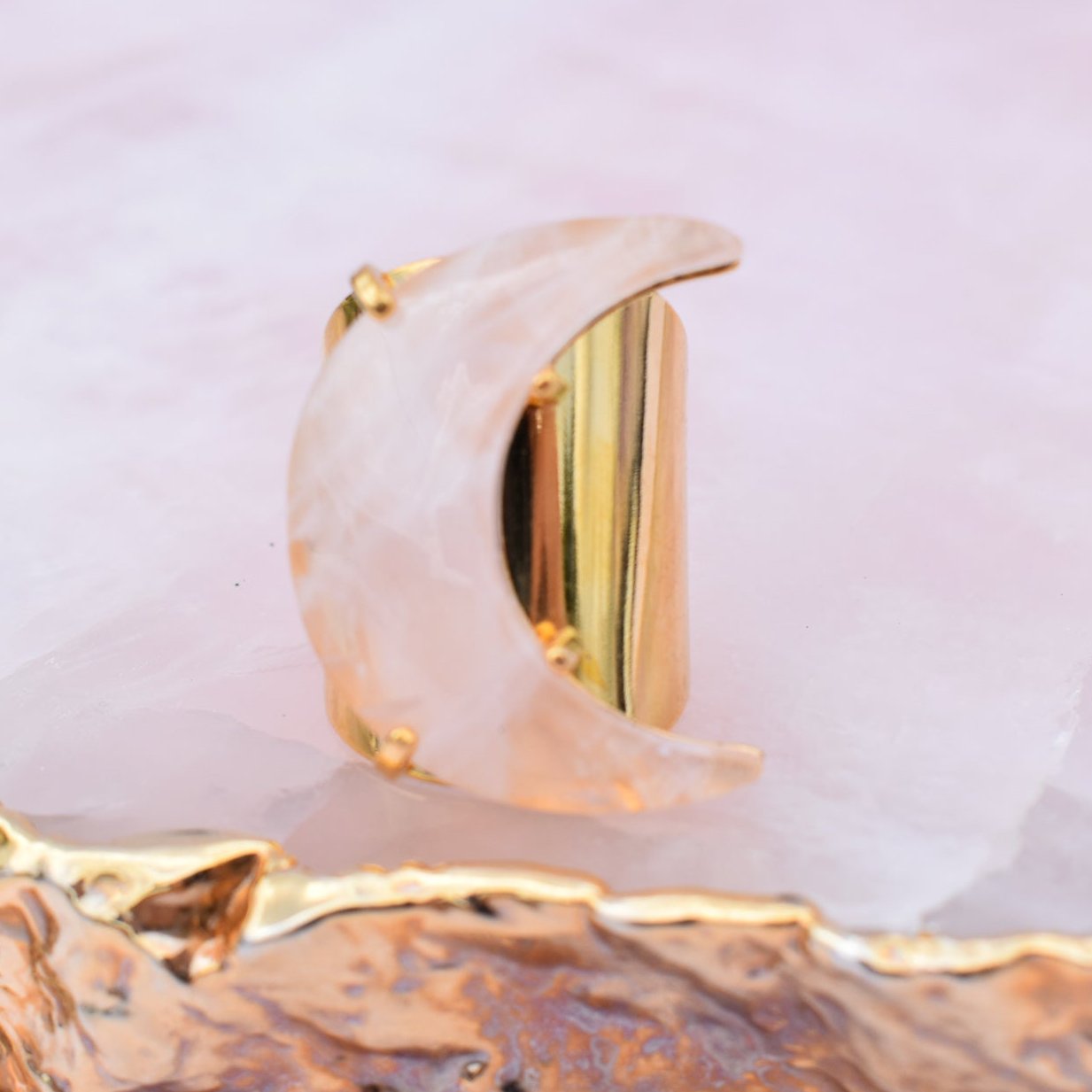 Rose Quartz Moon Cuff Gold Ring