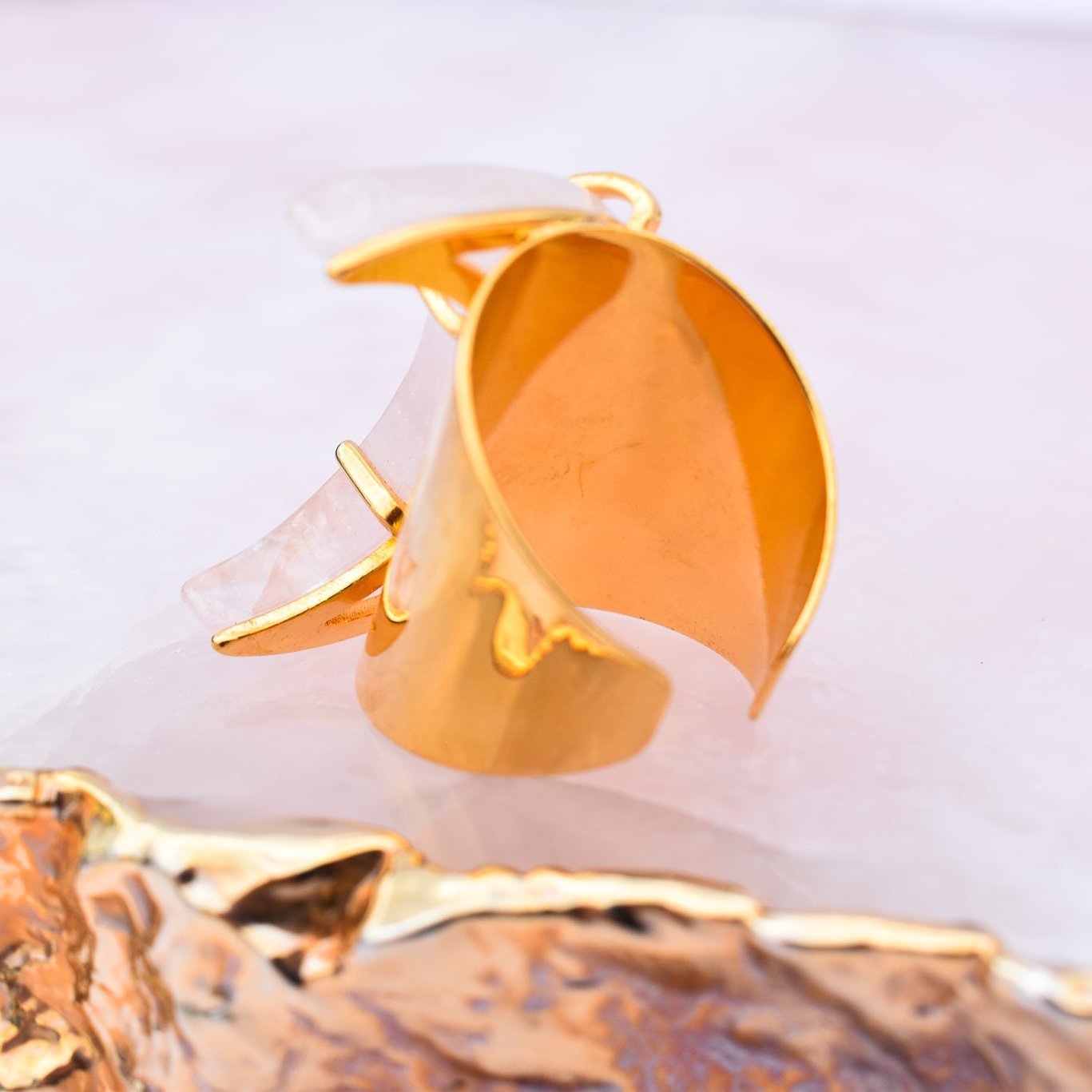 Rose Quartz Moon Cuff Gold Ring