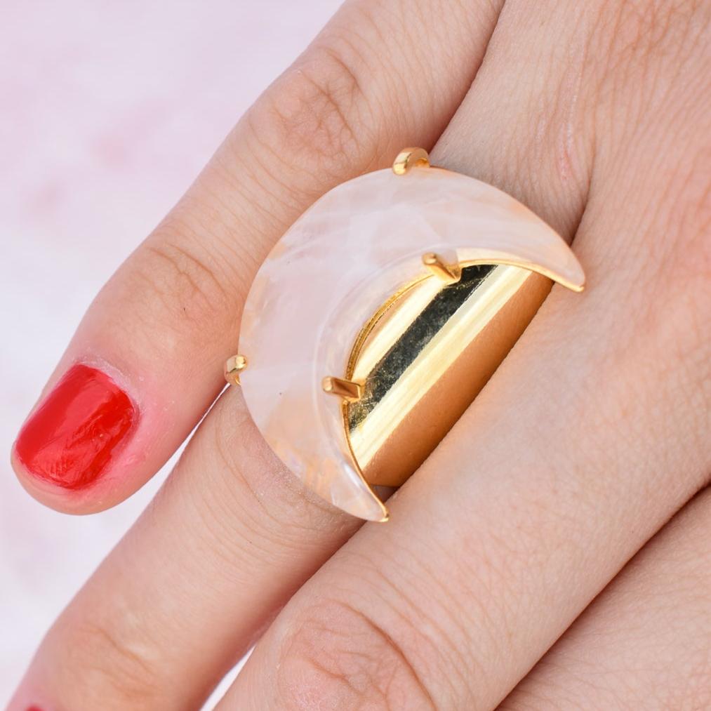 Rose Quartz Moon Cuff Gold Ring