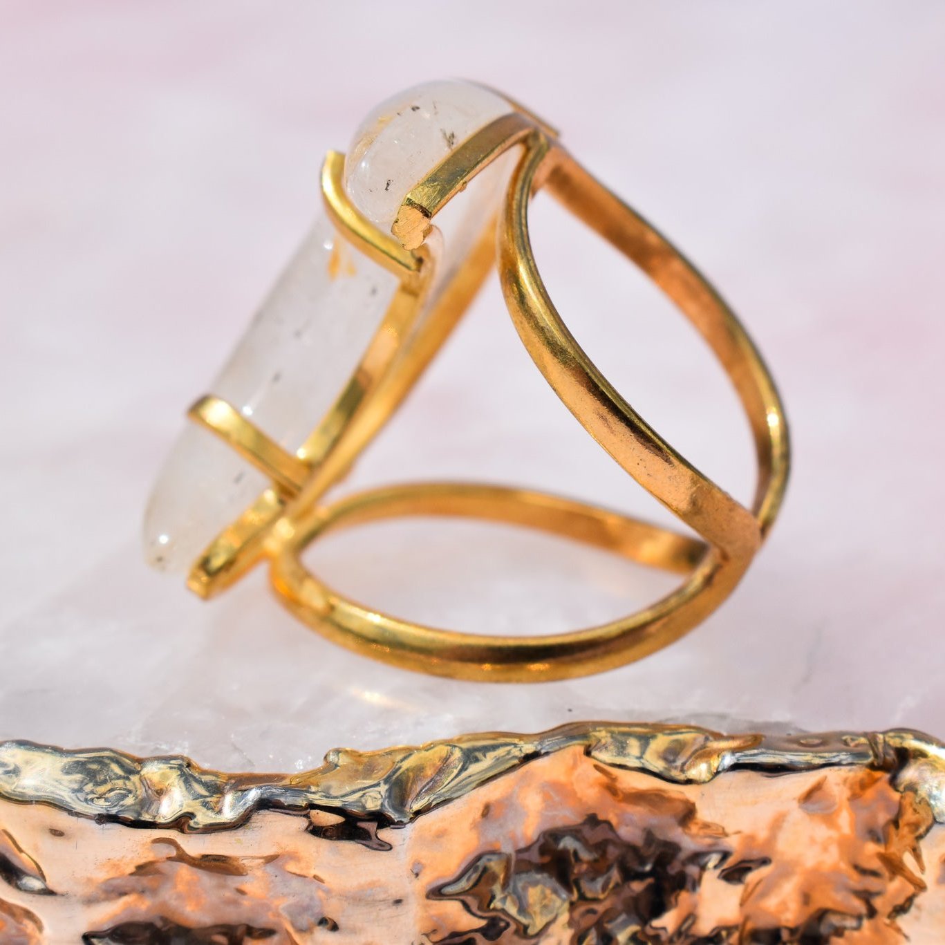 Clear Quartz Moon Double-Band Gold Ring