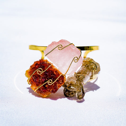Citrine + Rose + Smokey Quartz Trio Gold Bangle Bracelet