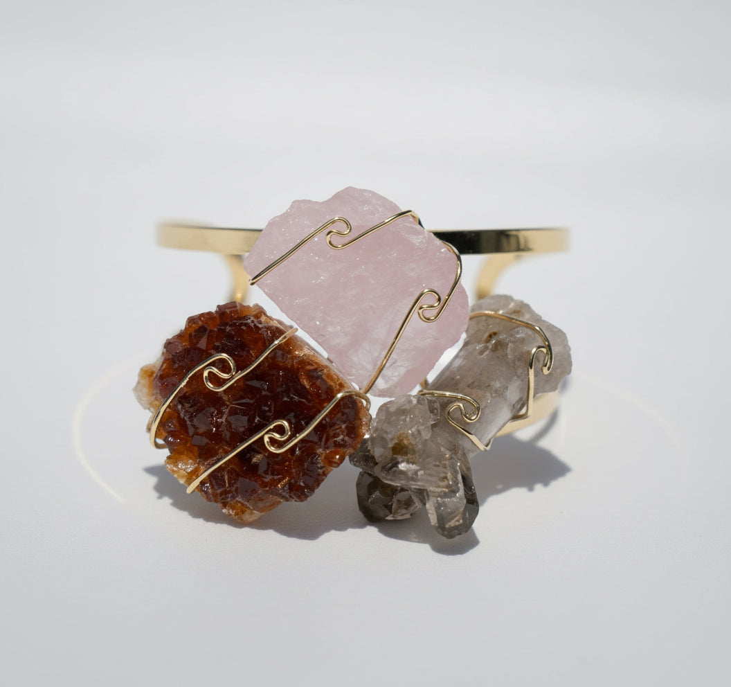 Citrine + Rose + Smokey Quartz Trio Gold Bangle Bracelet