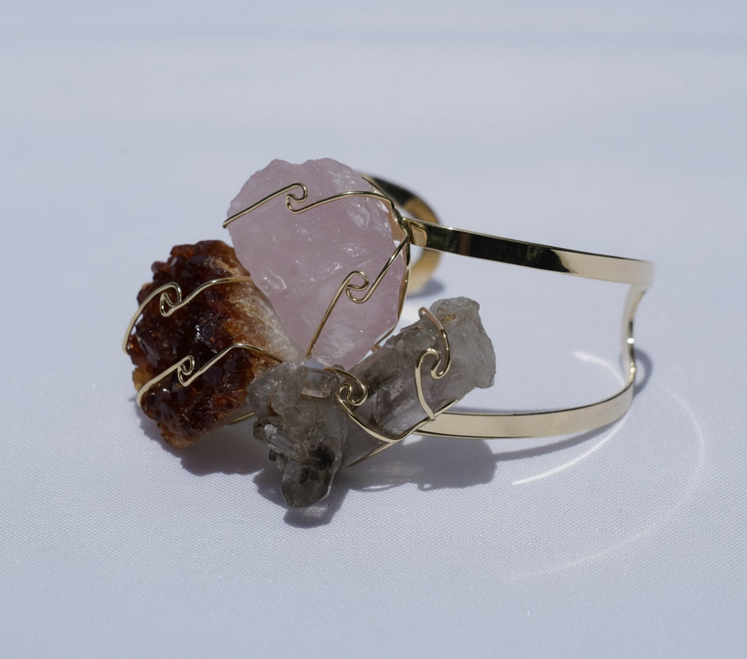 Citrine + Rose + Smokey Quartz Trio Gold Bangle Bracelet