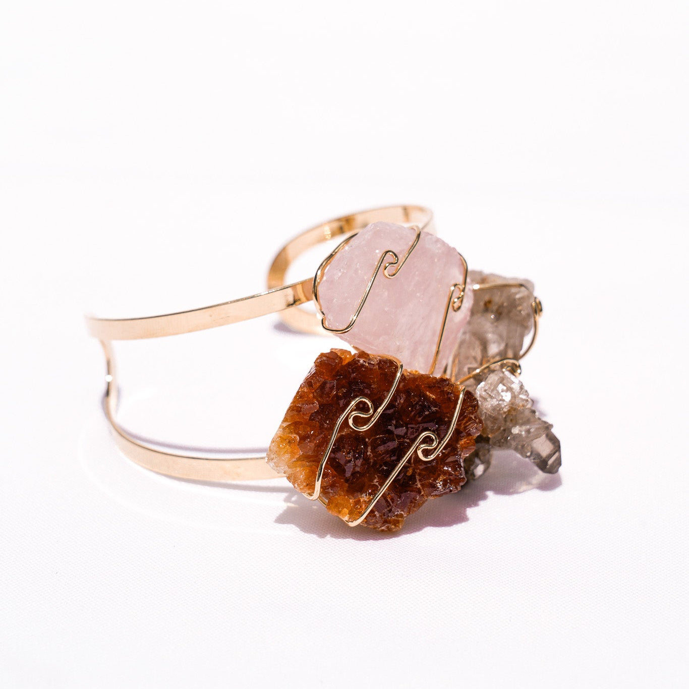 Citrine + Rose + Smokey Quartz Trio Gold Bangle Bracelet