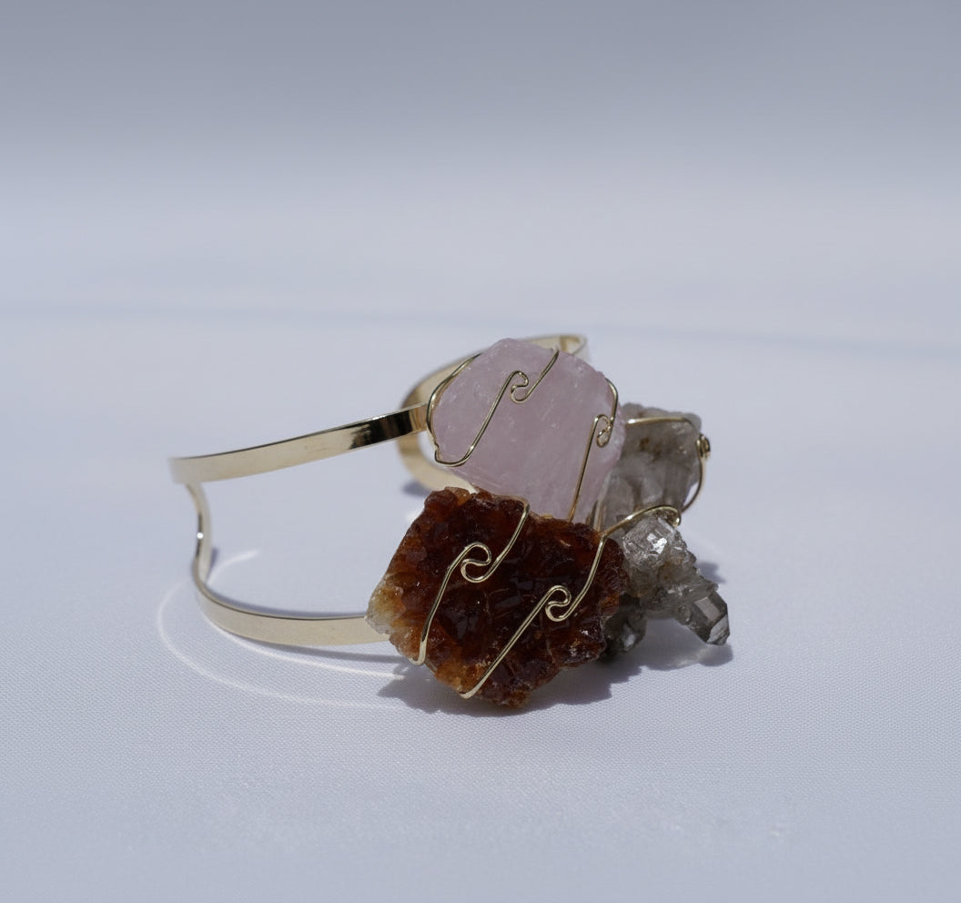 Citrine + Rose + Smokey Quartz Trio Gold Bangle Bracelet