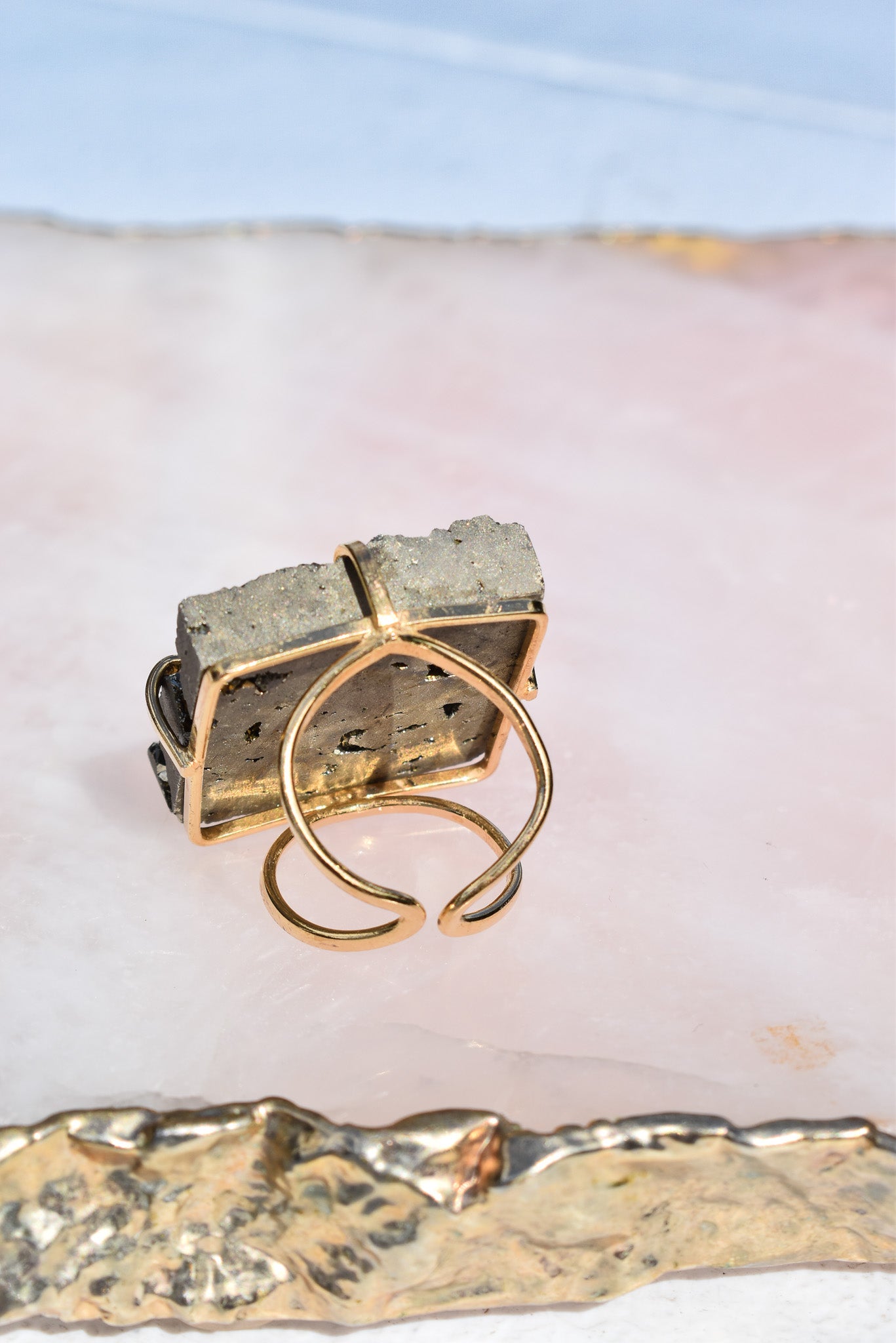 Pyrite Square Double-Band Gold Ring