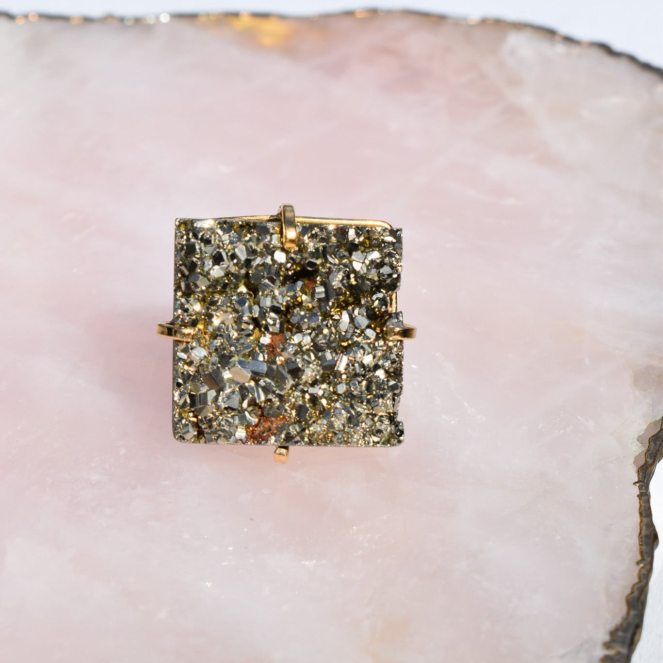 Pyrite Square Double-Band Gold Ring
