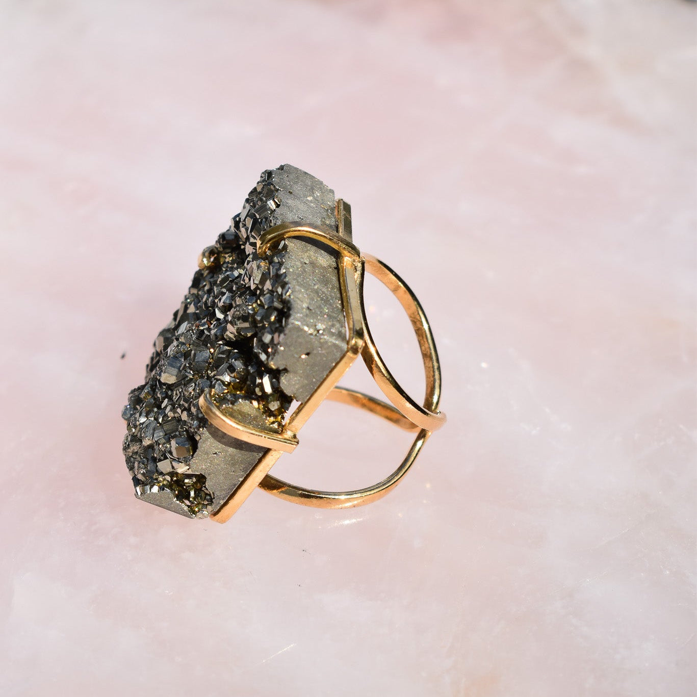 Pyrite Square Double-Band Gold Ring