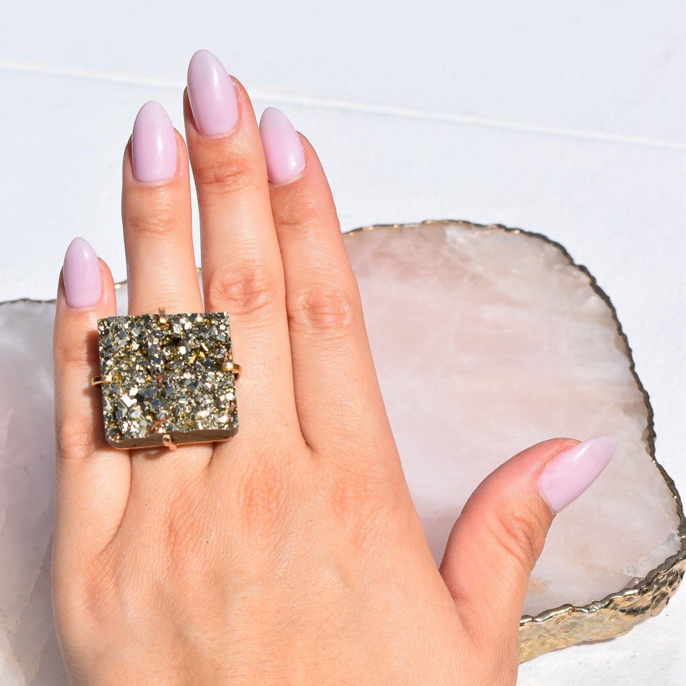 Pyrite Square Double-Band Gold Ring