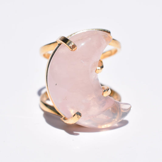 Rose Quartz Moon Double-Band Gold Ring