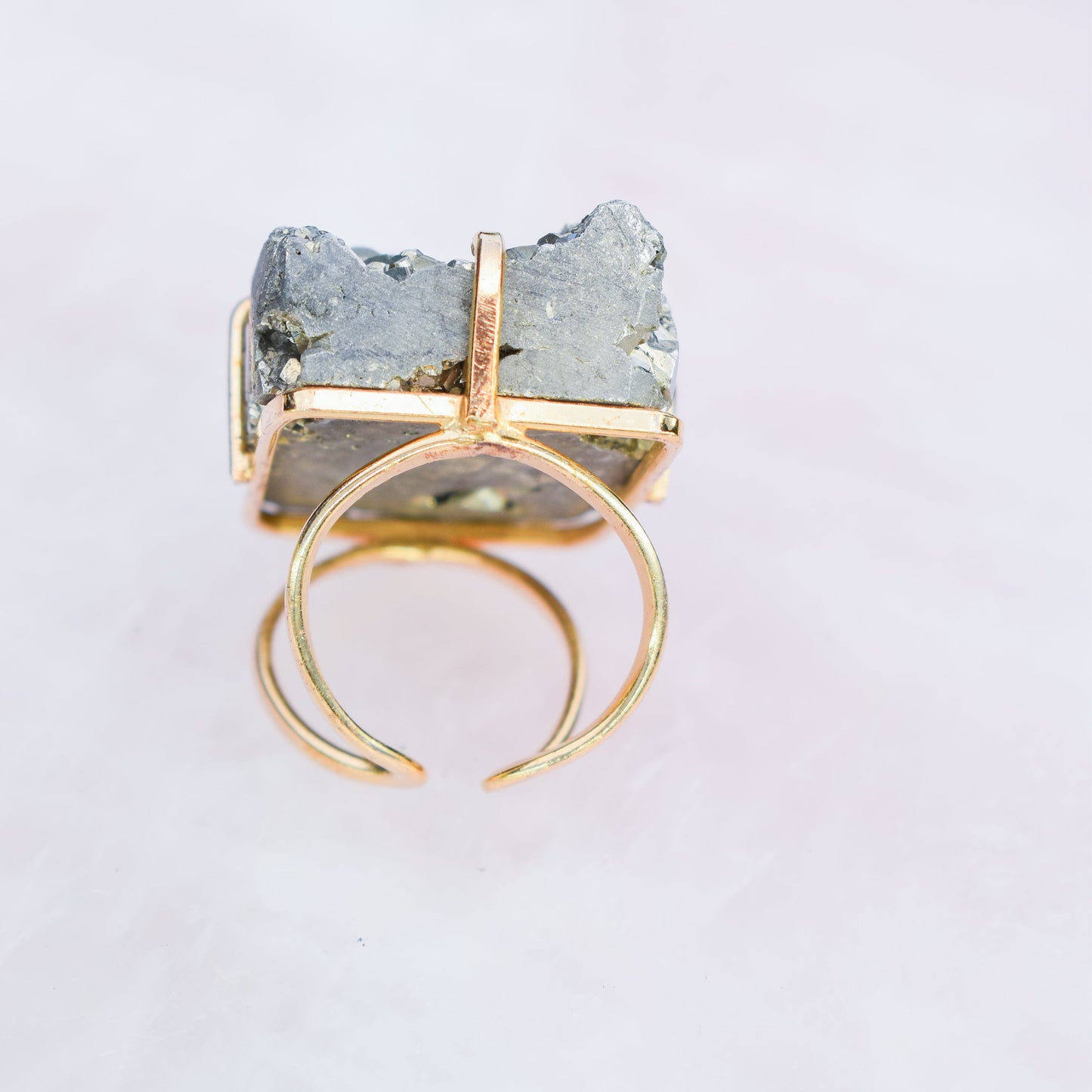 Pyrite Bold Rectangle  Gold Ring