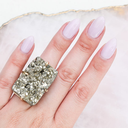 Pyrite Bold Rectangle  Gold Ring