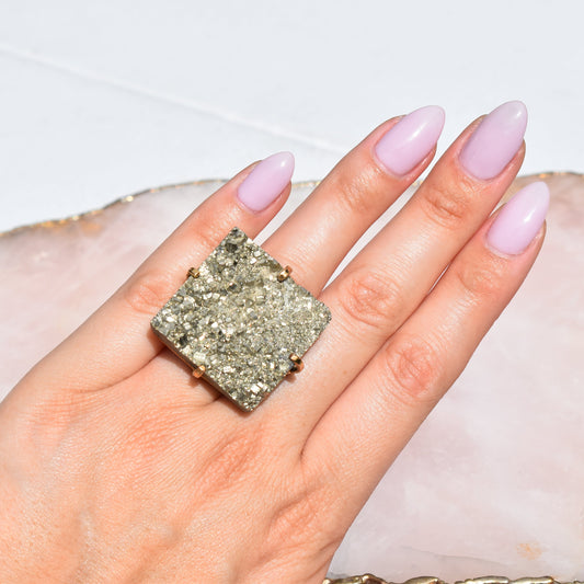 Pyrite Bold Square Double-Band Gold Ring