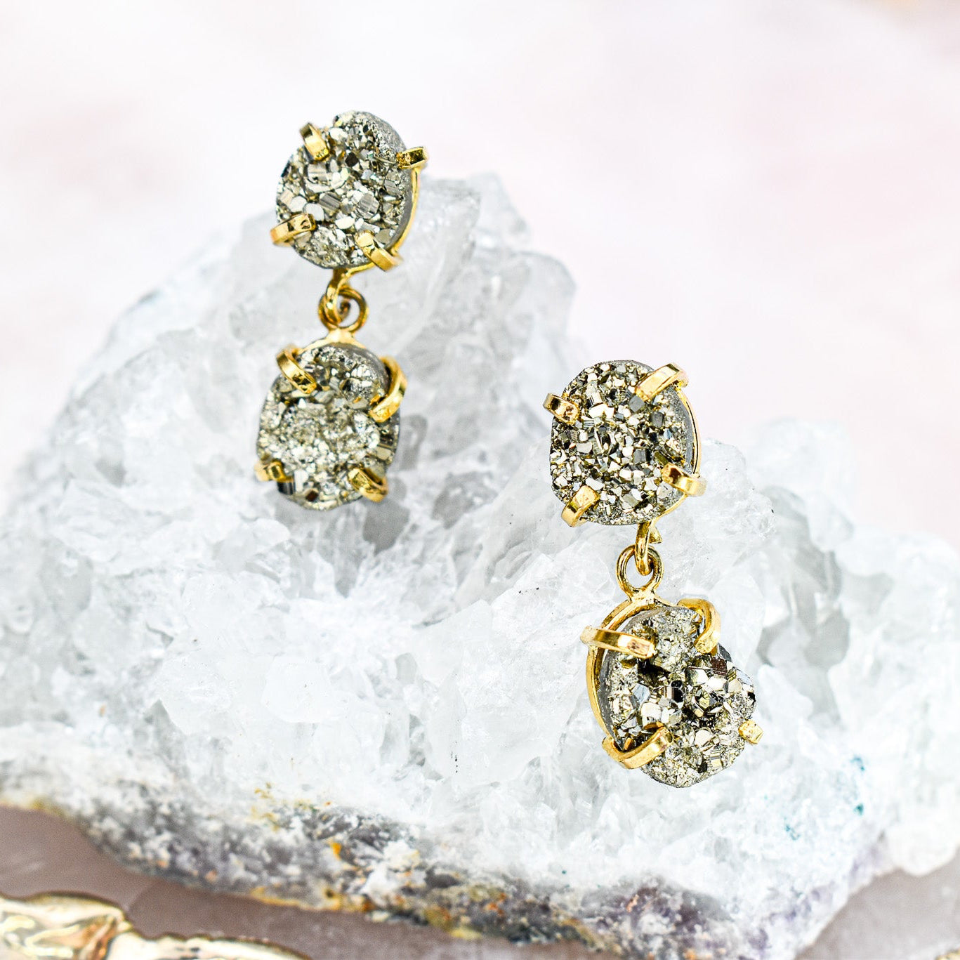 Pyrite Double  Gold Earrings