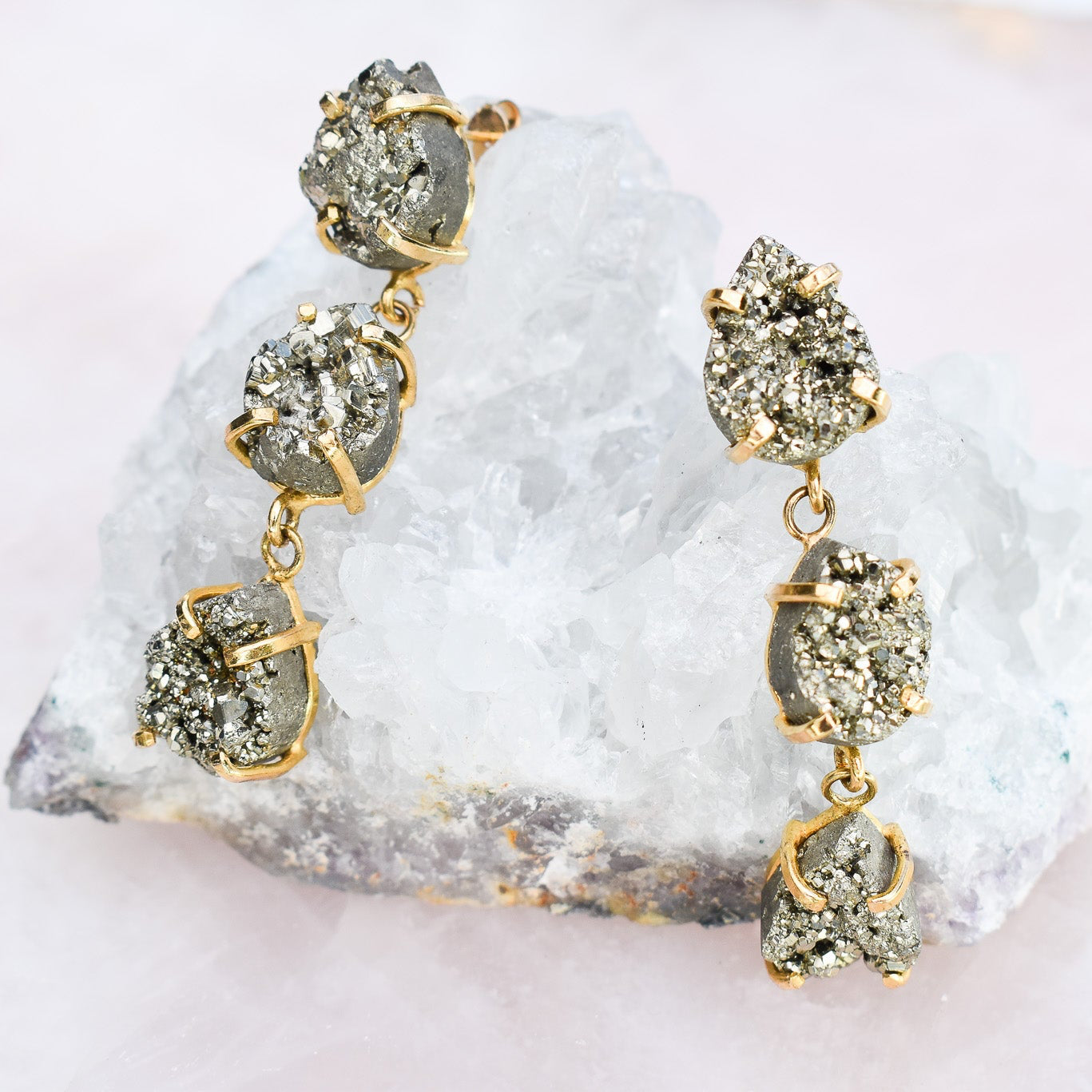 Pyrite Triple Teardrop Gold Earrings