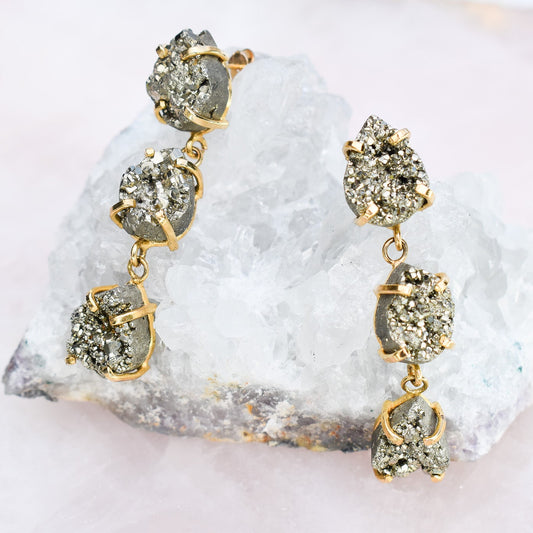 Pyrite Triple Teardrop Gold Earrings
