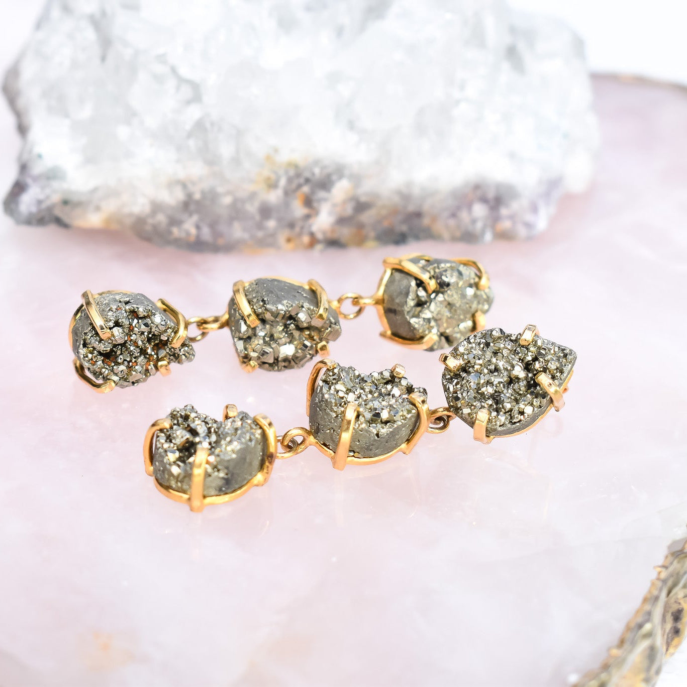 Pyrite Triple Teardrop Gold Earrings