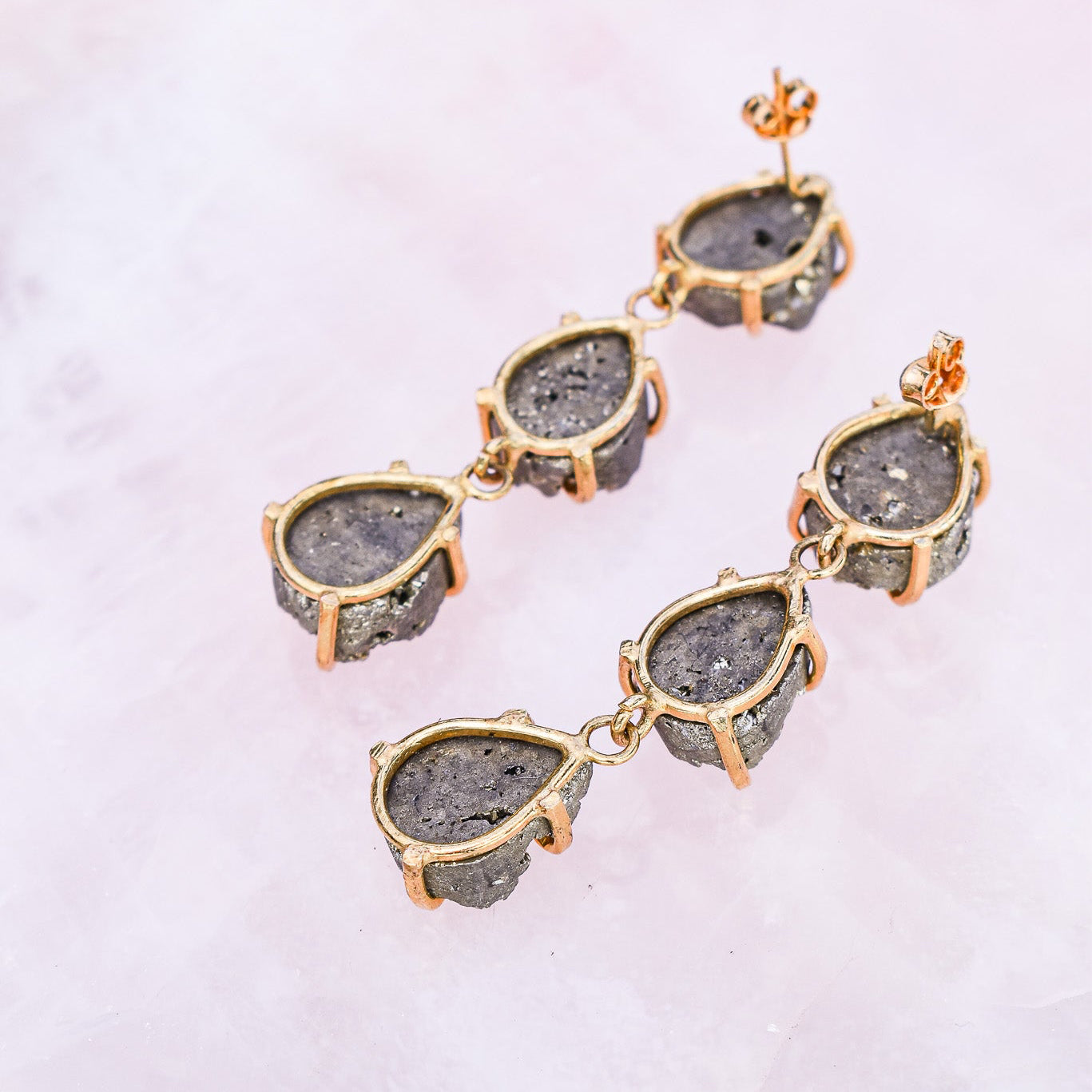 Pyrite Triple Teardrop Gold Earrings