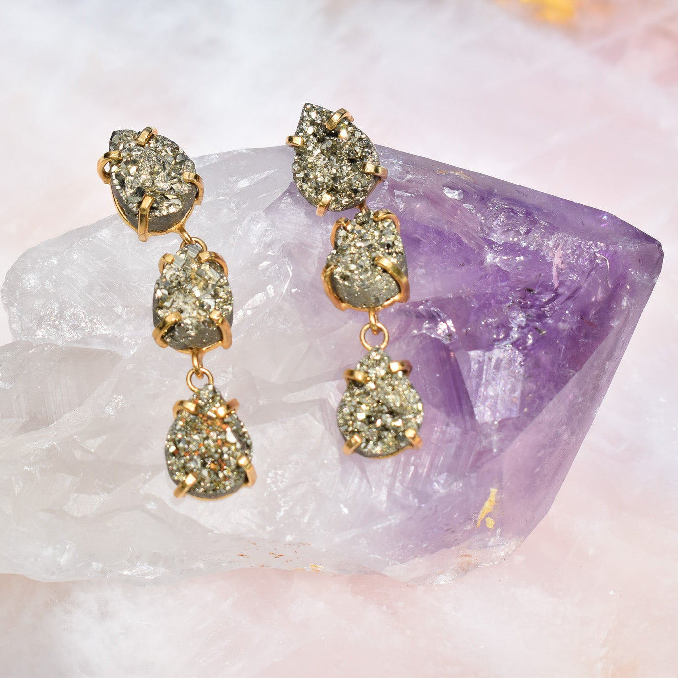 Pyrite Triple Teardrop Gold Earrings