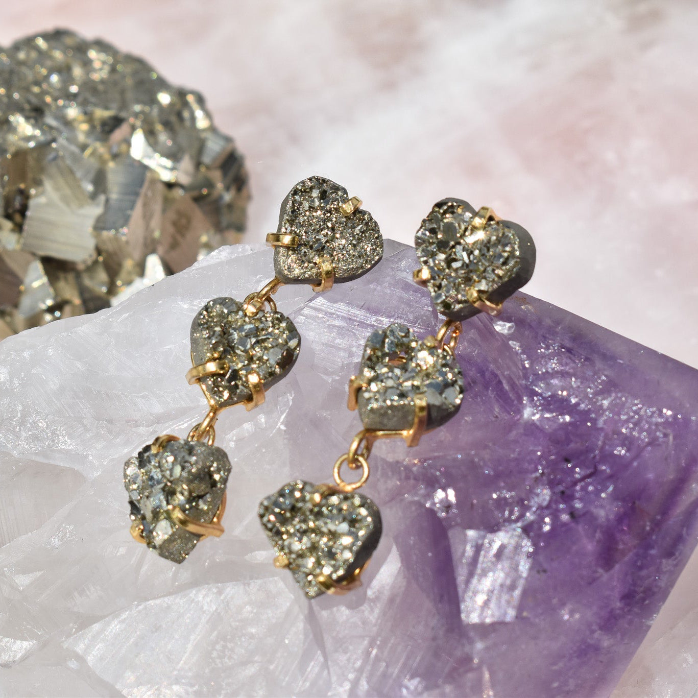 Pyrite Triple Heart Gold Earrings