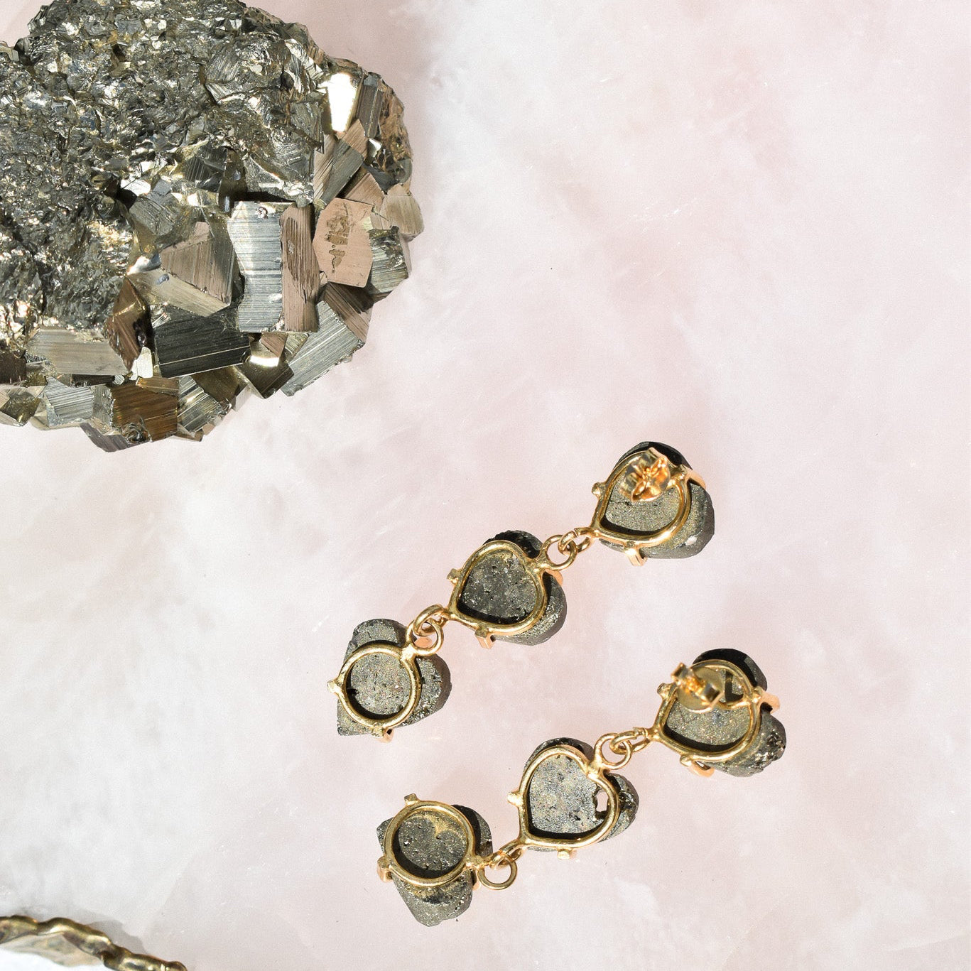 Pyrite Triple Heart Gold Earrings