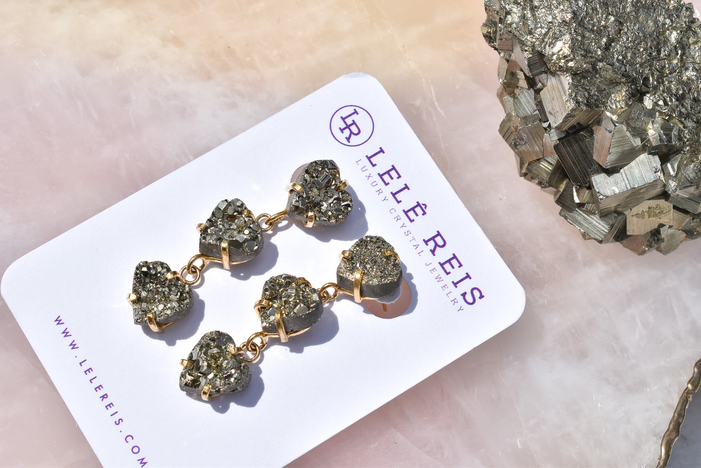 Pyrite Triple Heart Gold Earrings
