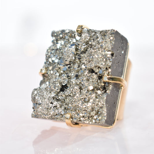 Pyrite Square Cuff Gold Ring