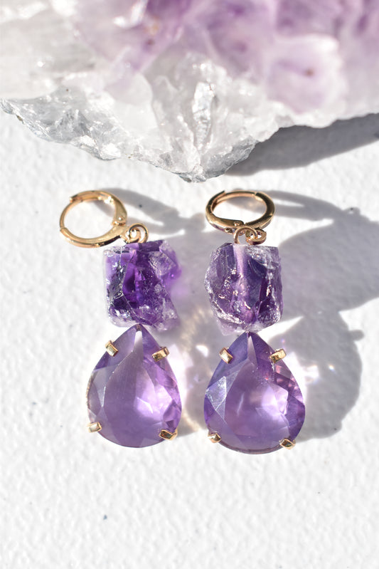 Amethyst Duo Dangle Gold Earrings