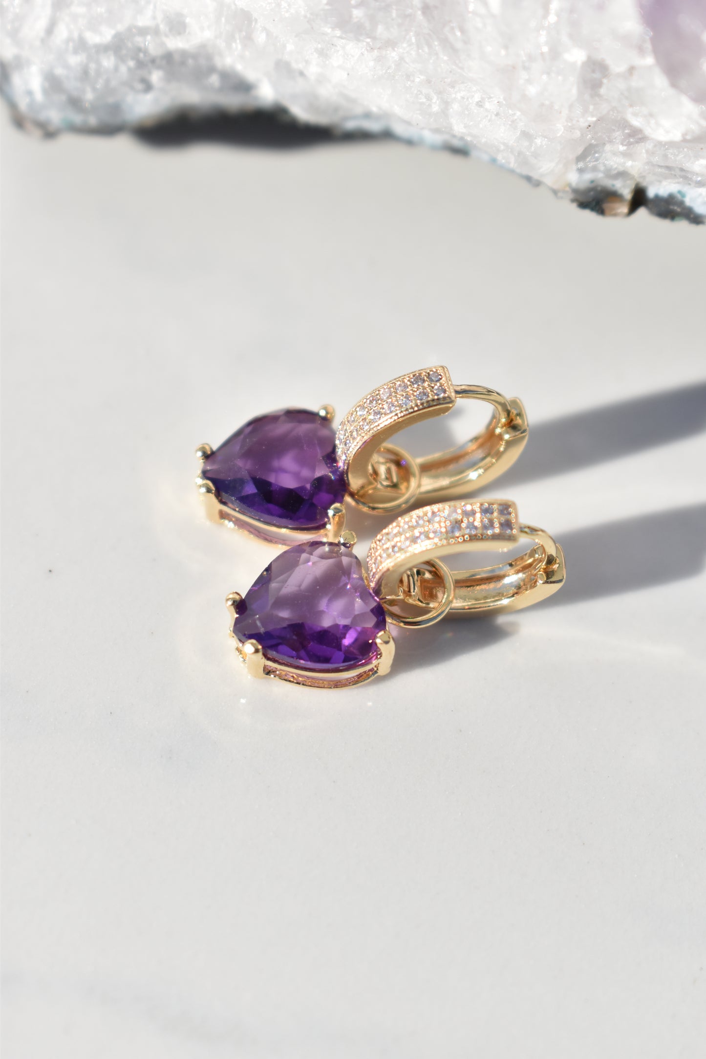 Amethyst Heart Sparkle Gold Earrings