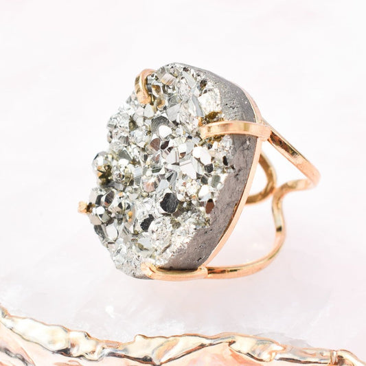 Pyrite Round Double-Band Gold Ring