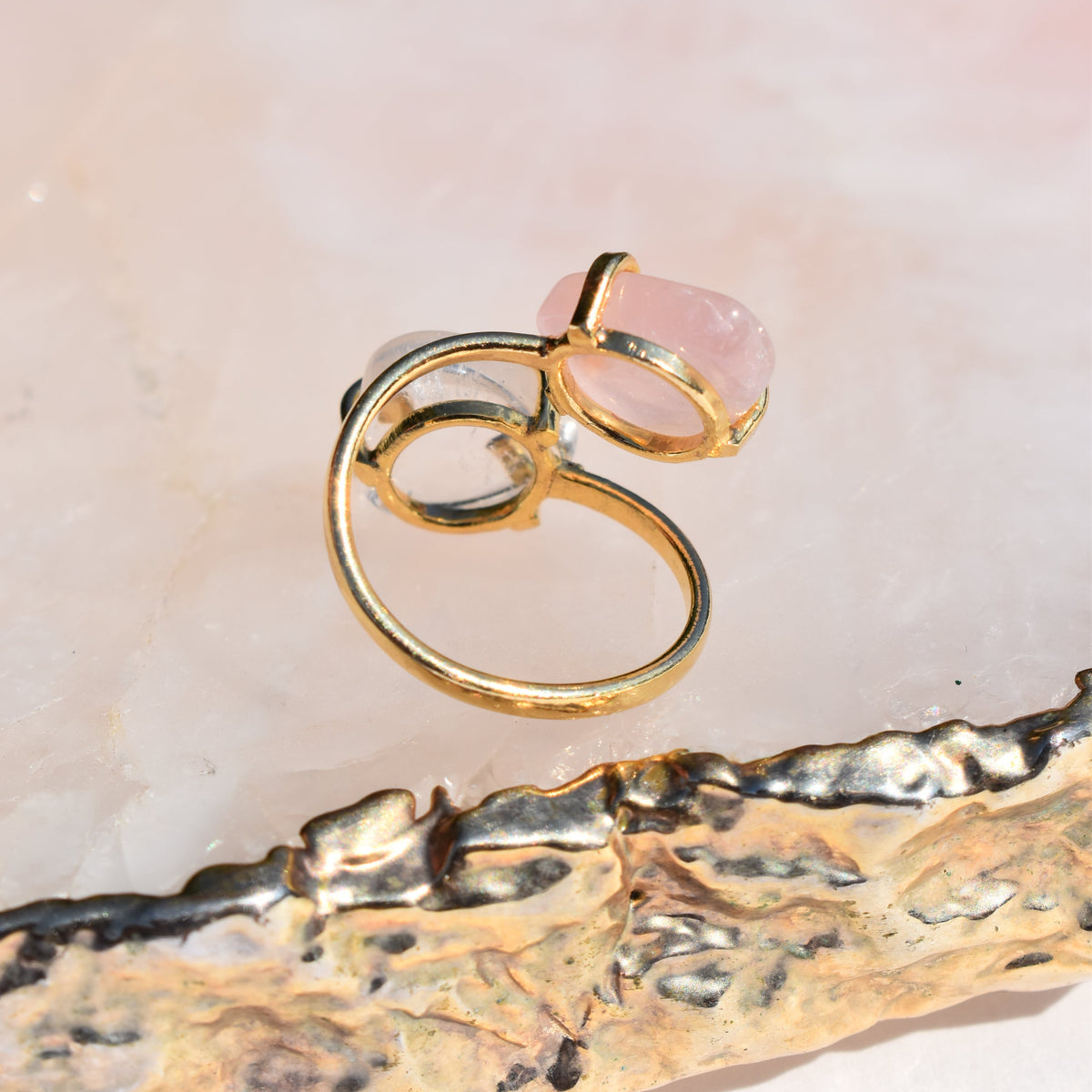 Harmony Duo Crystal & Rose Quartz Ring -Gold